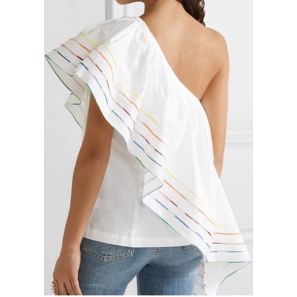 Alcee Boho Feminine Asymmetric One Shoulder Rainbow Stripe Ruffle - Picture 2 of 6